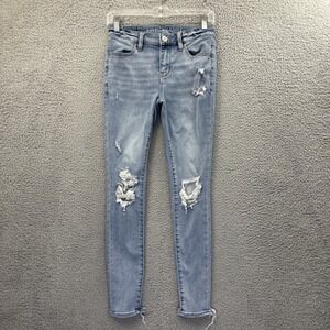 American Eagle Jegging Jeans Distressed Stretch Mid Rise Light Wash Women 2 x 27